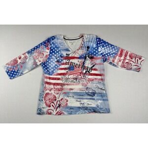 Y2K All American Woman USA Flag Statue Liberty Long Sleeve Top Patriotic Tee L